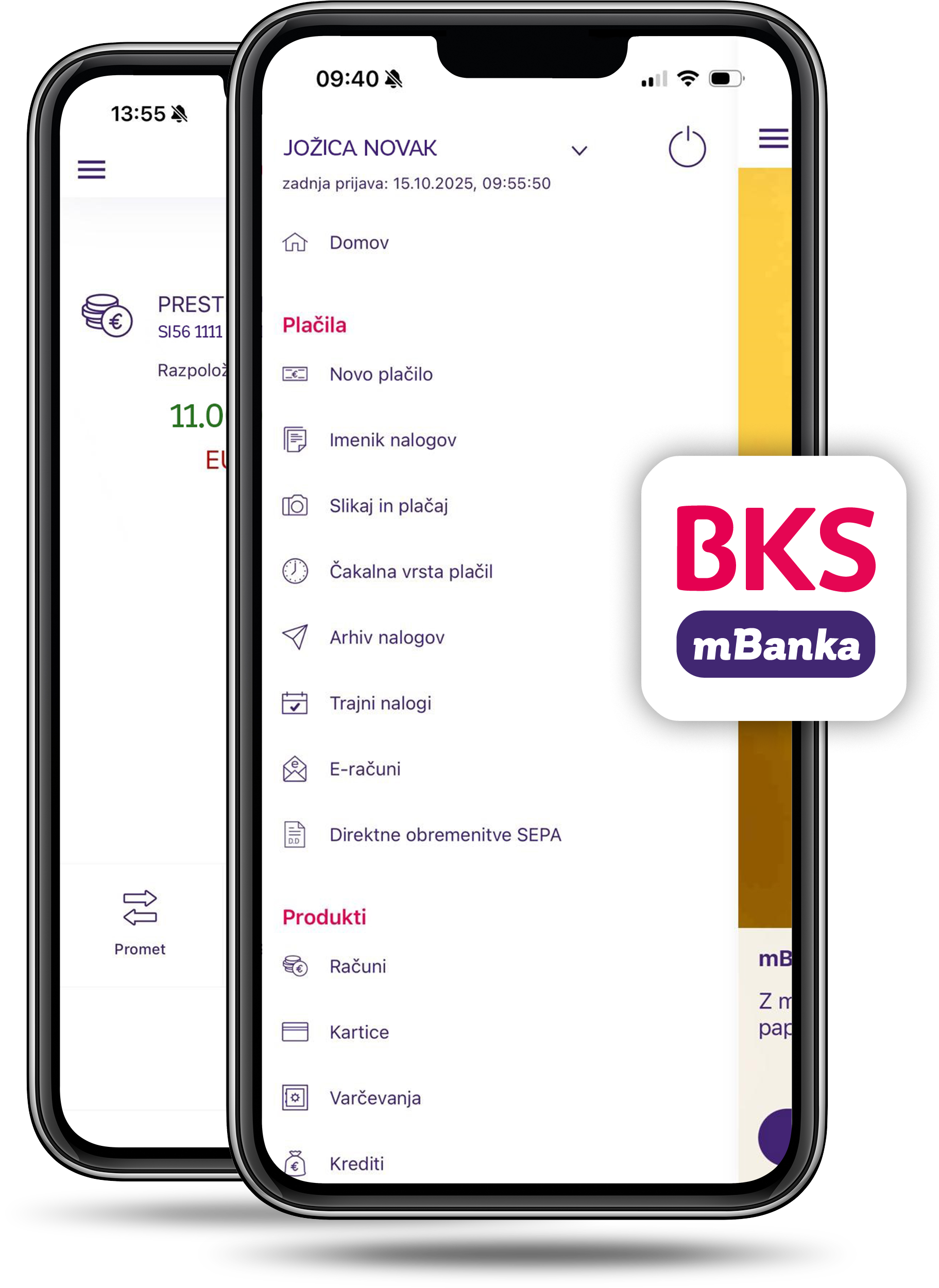 Zwei Smartphones mit der BKS Bank App offen. Zwei Smartphones mit der BKS Bank App offen.